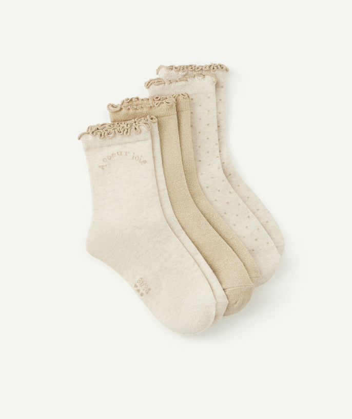 Socks - Tights Tao Categories - SET OF 3 PAIRS OF BEIGE SOCKS WITH GOLD GLITTER DETAILS