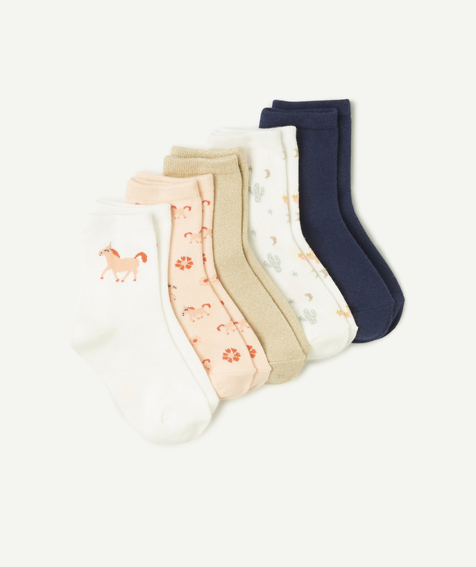 Socks - Tights Tao Categories - PACK OF 5 PAIRS OF UNICORN-THEMED GIRL'S SOCKS IN BLUE, PINK AND GOLD
