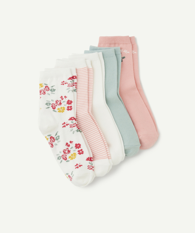 Socks - Tights Tao Categories - PACK OF 5 GREEN AND PINK GIRL'S HIGH SOCKS WITH FLOWERS