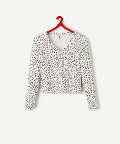 Clothing Tao Categories - ECRU ORGANIC COTTON GIRL'S LONG-SLEEVED BUTTON-DOWN T-SHIRT WITH FLORAL PRINT