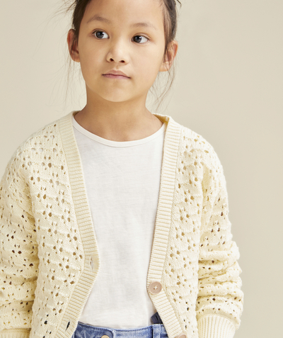 New colour palette Tao Categories - GIRL'S CARDIGAN IN OPENWORK KNIT AND ECRU COTTON