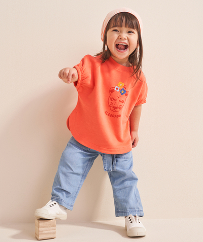 New collection Tao Categories - short-sleeved baby girl t-shirt in orange organic cotton poncho style