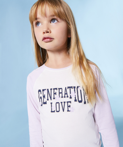 New colour palette Tao Categories - GIRL'S T-SHIRT IN MAUVE AND WHITE ORGANIC COTTON WITH GLITTER MESSAGE