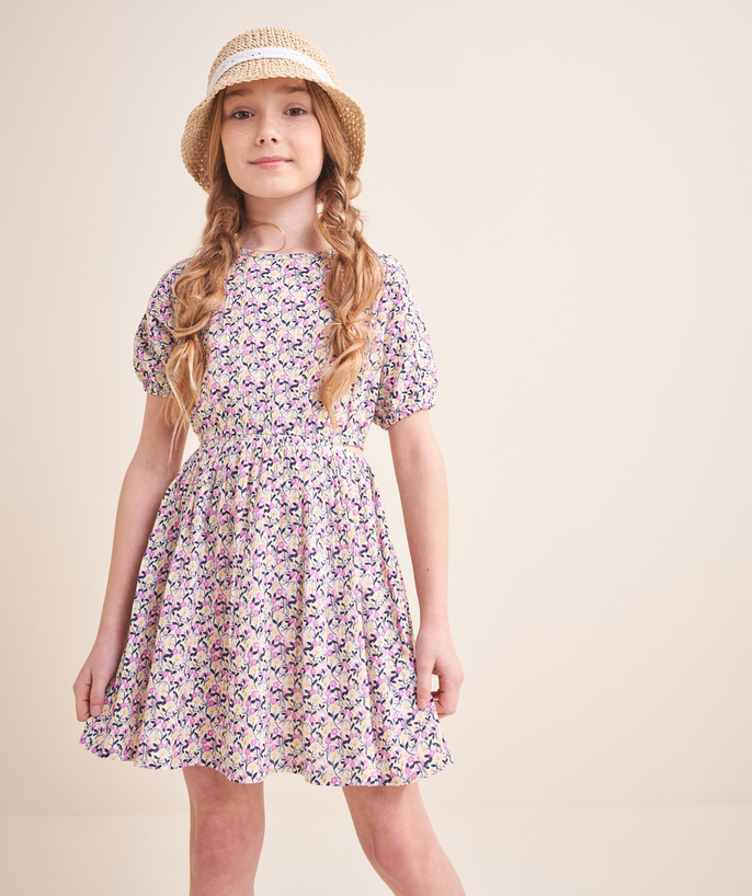 Special Occasion Collection Tao Categories - SHORT-SLEEVED FLOWER-PRINT COTTON GIRL'S DRESS WITH OPENINGS