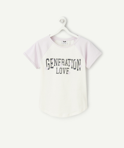 T-shirt - sous-pull Categories Tao - T-SHIRT FILLE EN COTON BIO MAUVE ET ÉCRU MESSAGE GENERATION LOVE