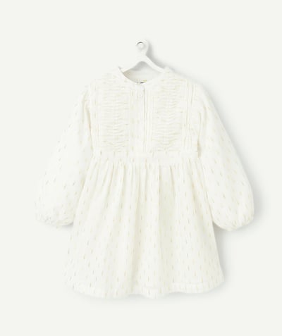 Baby girl Tao Categories - WHITE BABY GIRL LONG SLEEVE DRESS WITH GOLD DETAILS