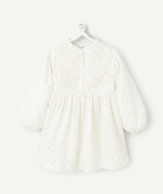 Baby girl Tao Categories - WHITE BABY GIRL LONG SLEEVE DRESS WITH GOLD DETAILS