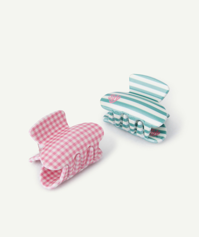 Hair Accessories Tao Categories - SET OF 2 PINK AND GREEN GIRL'S CLIPS WITH STRIPES AND CHECKS PRINT