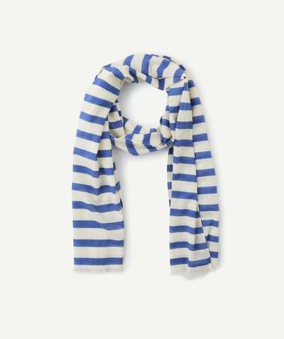 Foulard Tao Categorieën - Ecru katoenen jongens-sjaal met blauwe strepen