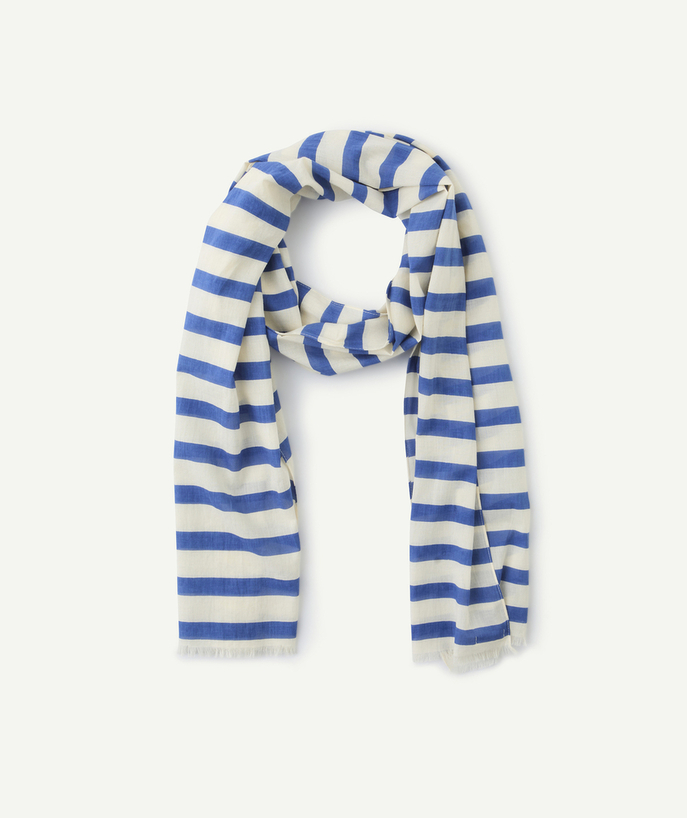 Apaszki Kategorie TAO - Chłopięcy szalik bawełniany ecru w niebieskie paski