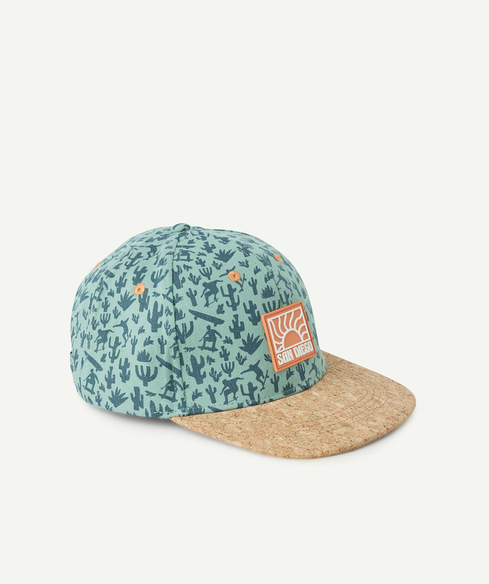 Hats - Caps Tao Categories - Green cactus-print boy's cap with cork-effect peak and patch