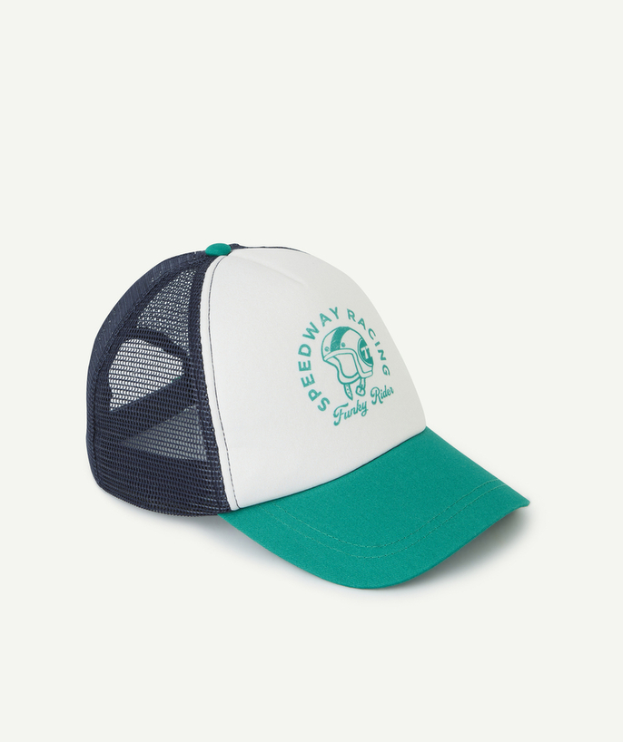 Hats - Caps Tao Categories - BOY'S CAP WITH NAVY BLUE MESH AND GREEN HELMET MESSAGE
