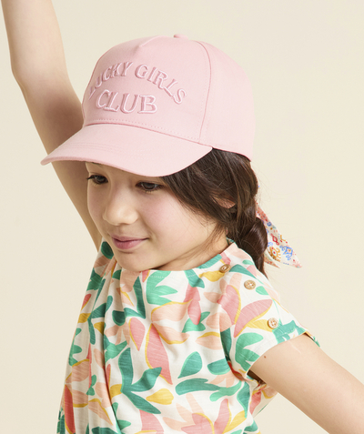 Accessories Tao Categories - PINK COTTON GIRL'S CAP WITH EMBROIDERED MESSAGE AND PRINTED BOW