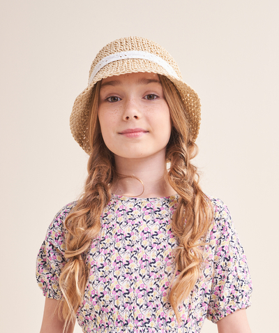 Dziewczynka Kategorie TAO - Dziewczęcy słomkowy kapelusz z haftowaną białą wstążką