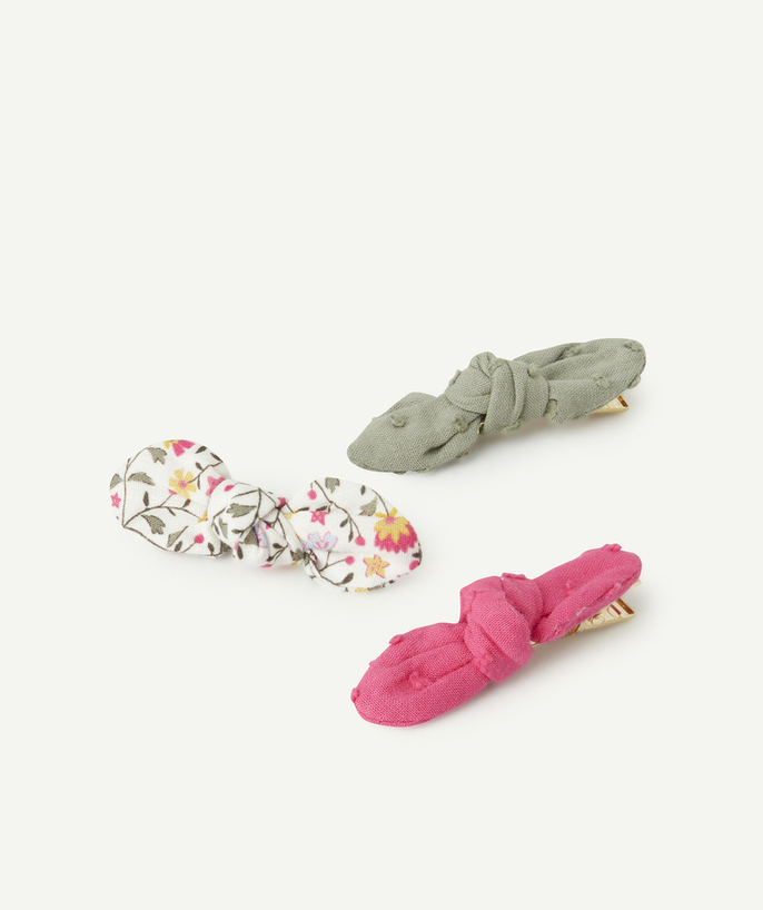 Hair Accessories Tao Categories - SET OF 3 GIRL'S HAIR CLIPS WITH KHAKI PINK AND FLORAL BOWS