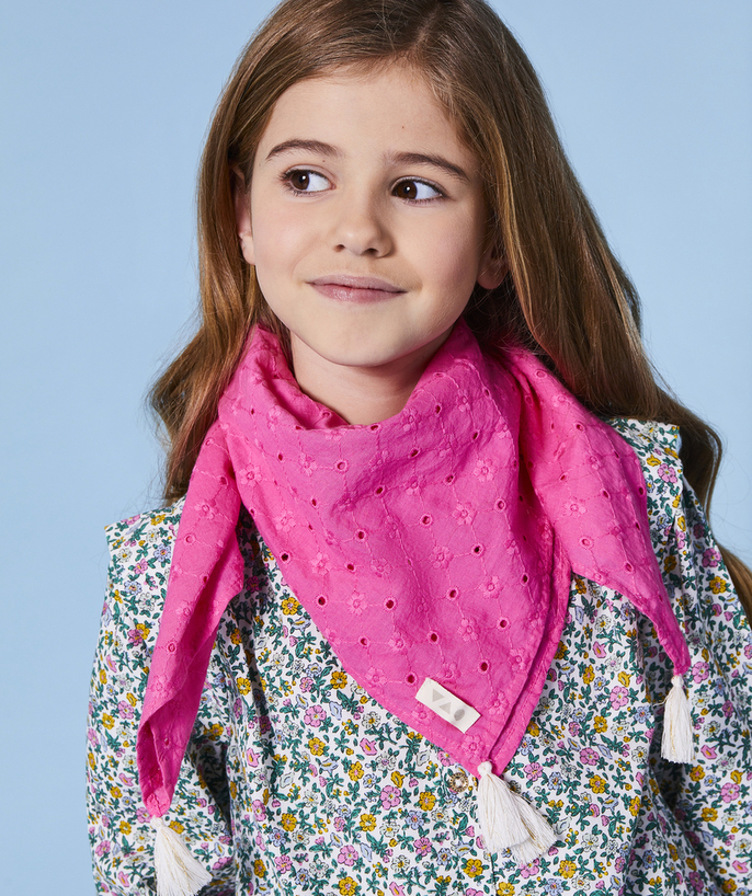 Scarves Tao Categories - SET OF 2 PINK COTTON AND FLORAL PRINT GIRLS' SCARVES WITH TASSELS