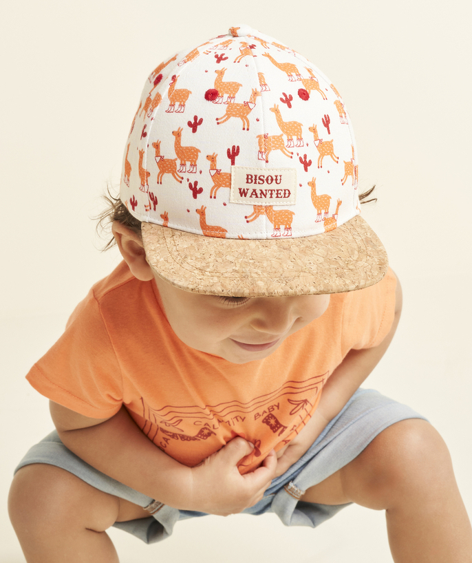 Accessories Tao Categories - BABY BOY CAP IN COTTON WITH LLAMA PRINT AND CORK-EFFECT PEAK