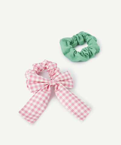 Accessories Tao Categories - SET OF 2 PINK GINGHAM AND GREEN GIRL SCRUNCHIES WITH BOW