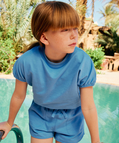 Nueva Colección Categorías TAO - camiseta de manga corta para niña en algodón orgánico azul con detalles de lentejuelas