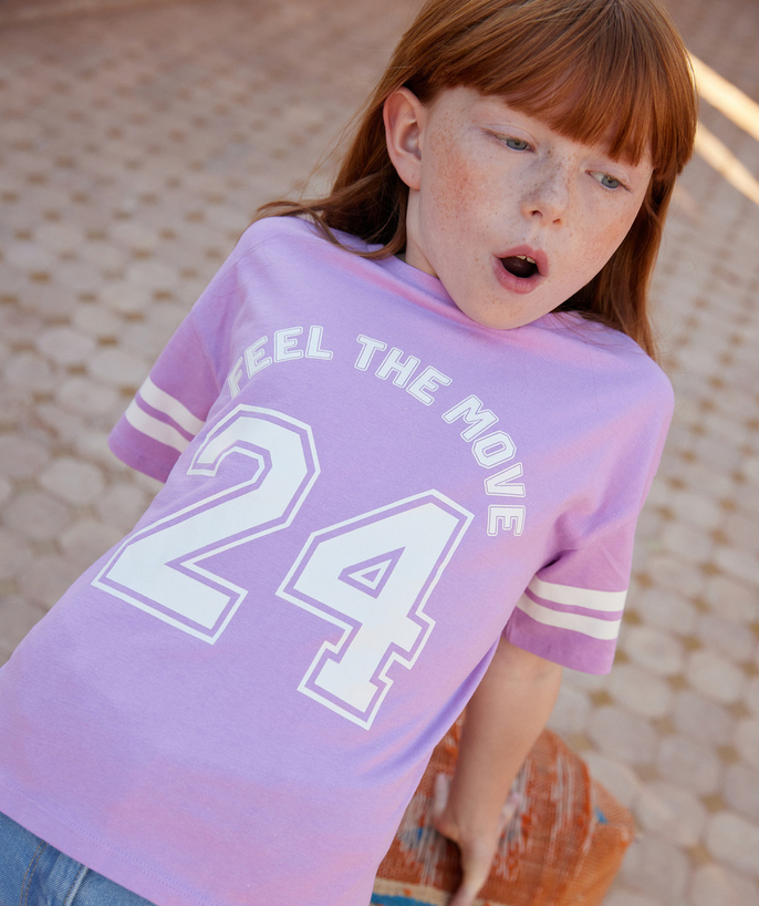 New collection Tao Categories - girl's t-shirt in mauve organic cotton with numbers and messages