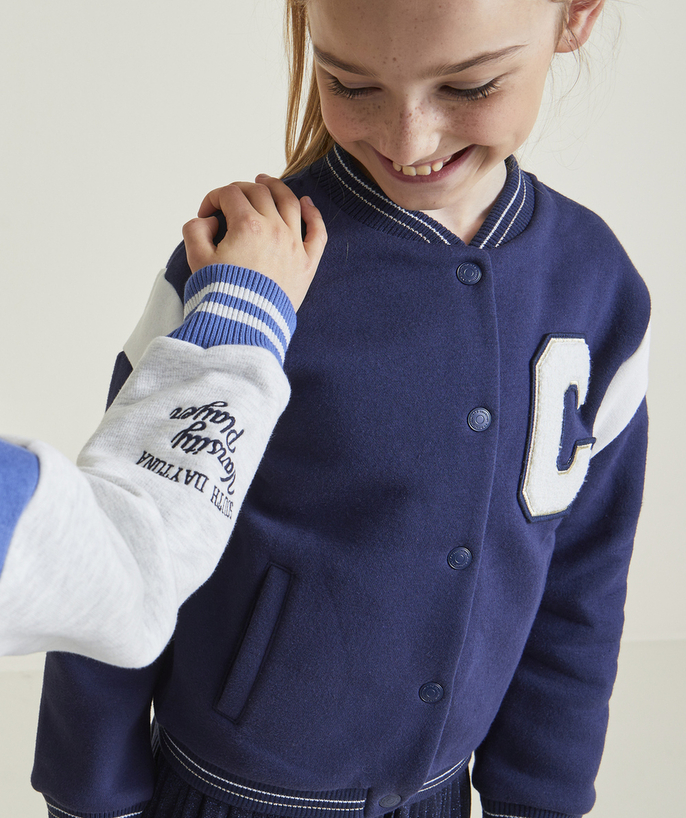 Clothing Tao Categories - GIRL'S RECYCLED-FIBER TEDDY JACKET IN NAVY BLUE WITH LETTER PATCH