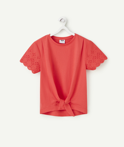 Low-priced looks Tao Categories - GIRL'S T-SHIRT IN RED ORGANIC COTTON WITH EMBROIDERED SLEEVES