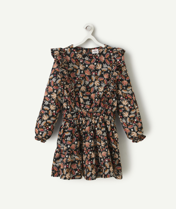 New collection Tao Categories - BLACK COTTON AND FLORAL PRINT GIRL'S DRESS WITH RUFFLES