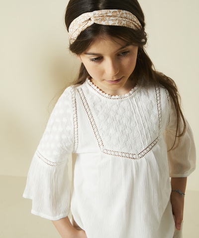 Special Occasion Collection Tao Categories - WHITE GIRL'S 3/4 SLEEVES OPENWORK BLOUSE WITH FLOWER EMBROIDERY