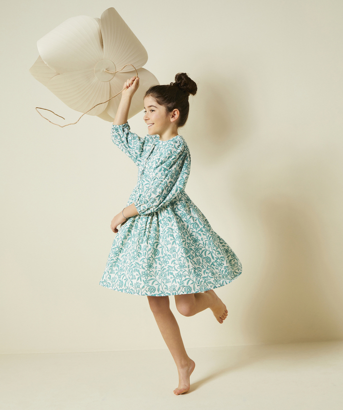 Special Occasion Collection Tao Categories - GREEN FLORAL PRINT GIRL'S DRESS WITH SMOCKED TRIM