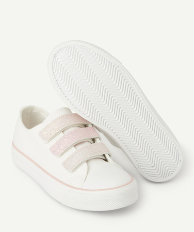 Schoenen, slofjes Tao Categorieën - witte meisjesschoenen met klittenband en roze lovertjes