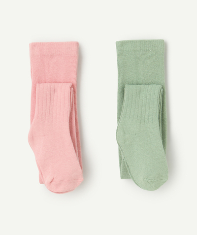 Socks - Tights Tao Categories - set of 2 pink and green ribbed tights for girls