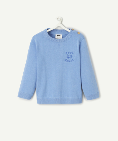 New colour palette Tao Categories - BABY BOY KNITTED SWEATER IN BLUE ORGANIC COTTON WITH EMBROIDERED CAT MESSAGE