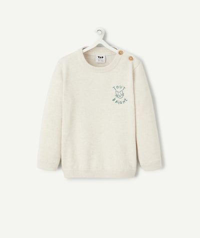 Special Occasion Collection Tao Categories - BABY BOY KNITTED SWEATER IN ECRU MOTTLED ORGANIC COTTON WITH EMBROIDERY
