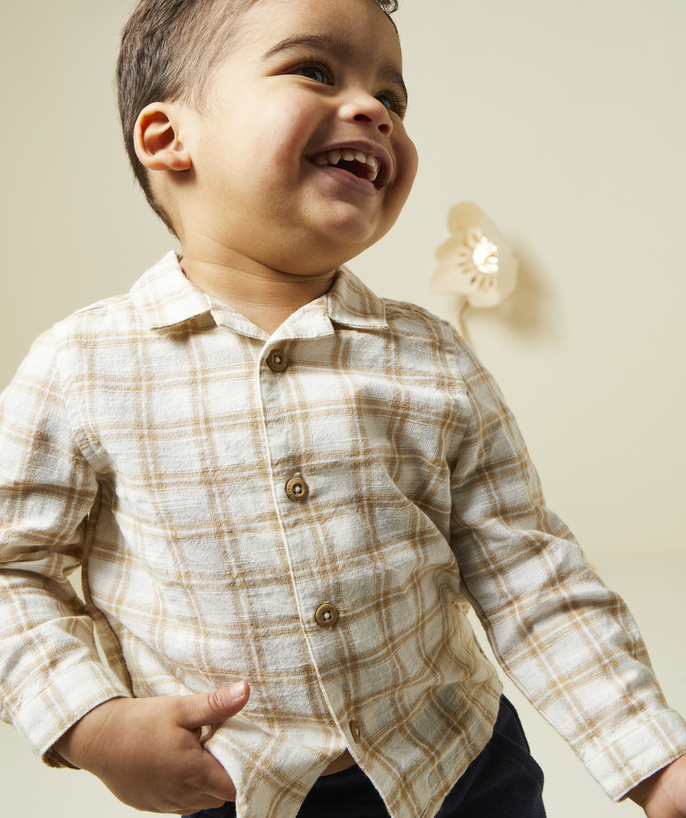 Baby jongen Tao Categorieën - T-shirt voor babyjongens in ecru katoen met beige ruitjesprint