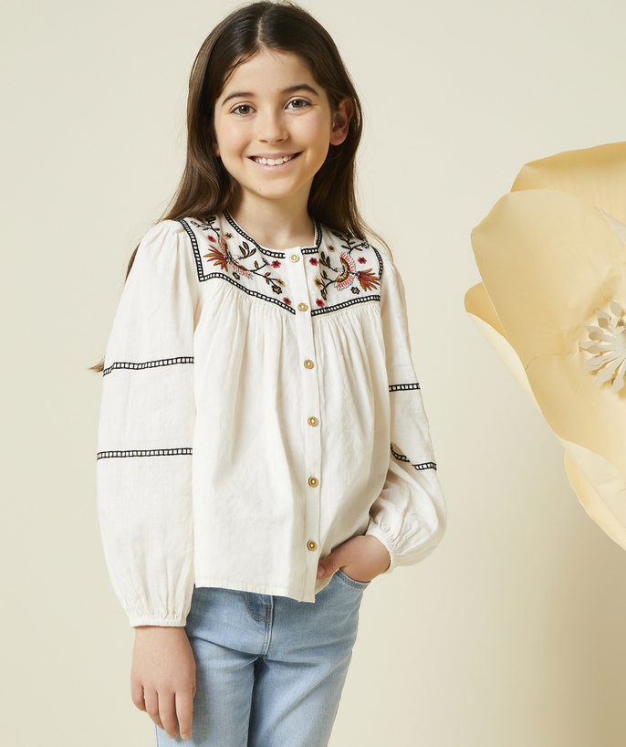 Shirt - Blouse Tao Categories - ECRU LONG-SLEEVED GIRL'S BLOUSE WITH EMBROIDERY