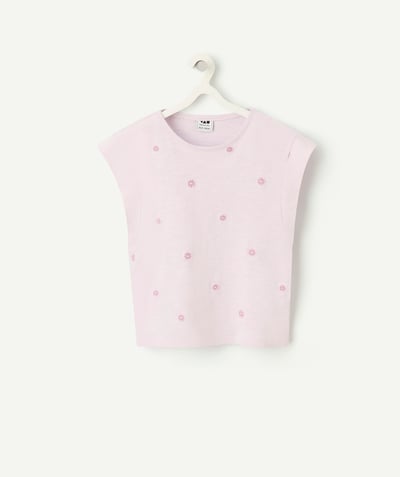 Kind Tao Categorieën - T-shirt met korte mouwen voor meisjes in lila biologisch katoen met geborduurd madeliefje