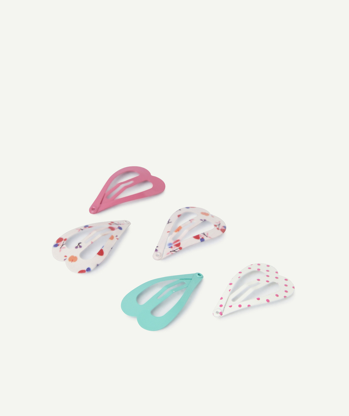 Hair Accessories Tao Categories - PACK OF 5 PRINTED OR PLAIN HEART-SHAPED BABY GIRL BARRETTES