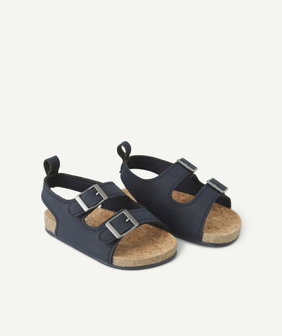 Baby boy Tao Categories - SANDAL-STYLE BABY BOOTIES IN NAVY BLUE AND CORK EFFECT