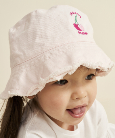Hats - Caps Tao Categories - BABY GIRL BOB IN PALE PINK COTTON WITH EMBROIDERED MESSAGE AND CHERRIES