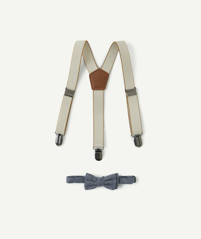 Accessories Tao Categories - BEIGE BROWN AND DENIM EFFECT BABY BOY SUSPENDERS AND BOW SET