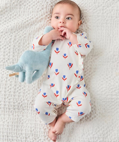 Dors-bien, pyjamas Categories Tao - dors bien bébé en coton bio blanc imprimé avec fleurs bleu et rouge