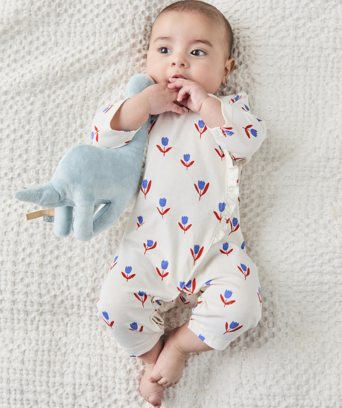 Pyjama Tao Categorieën - Biologisch katoenen babybedje in wit, bedrukt met blauwe en rode bloemen