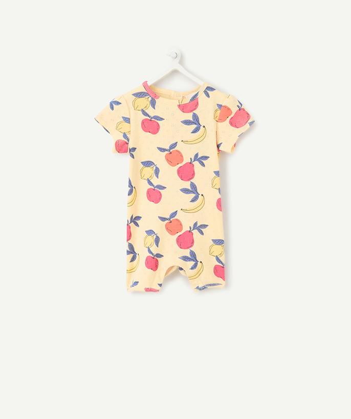 Piżamy Kategorie TAO - Lekki śpiworek dla dziewczynki z żółtej bawełny organicznej z nadrukiem owoców