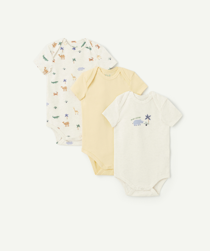 Newborn Tao Categories - set of 3 rhinoceros-themed short-sleeved baby bodysuits in organic cotton