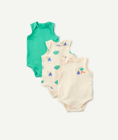 ECODESIGN Categorías TAO - lote de 3 bodies para bebé de algodón orgánico verde y crudo con temática de peces