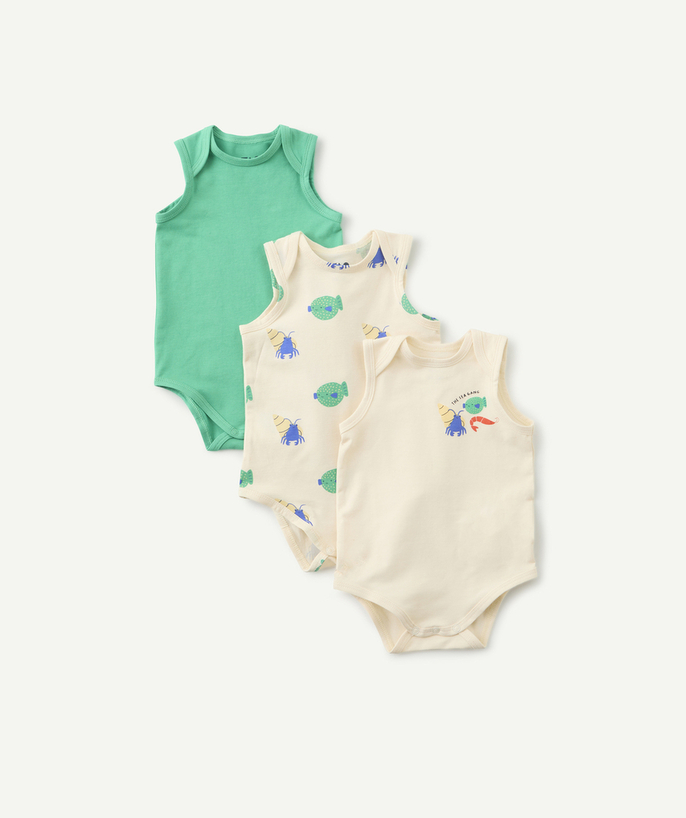 Newborn Tao Categories - set of 3 baby bodysuits in green and ecru organic cotton, fish theme