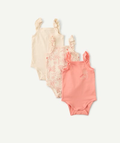 Body Kategorie TAO - Zestaw 3 body niemowlęcych z bawełny organicznej w kolorze różowym i ecru z motywem tukana