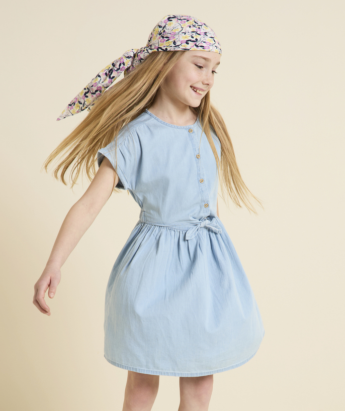 Nowa kolekcja Kategorie TAO - Dziewczęca dżinsowa sukienka z krótkim rękawem i kokardką