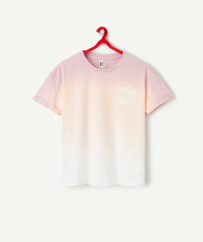 Nouvelle collection Categories Tao - t-shirt fille en coton bio tie and dye mauve et rose avec messages