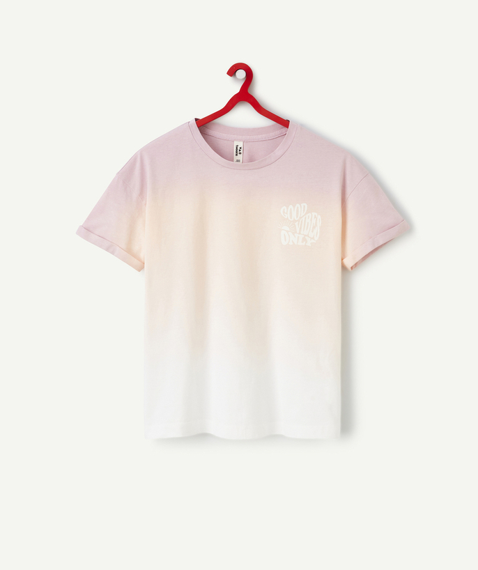 Nieuwe collectie Tao Categorieën - t-shirt fille en coton bio tie and dye mauve et rose avec messages